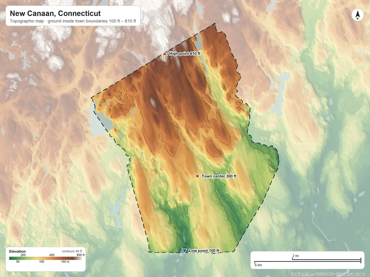 Topographic elevation map of New Canaan, Connecticut, shaded from 100 ft on the south side to 610 ft on the north side