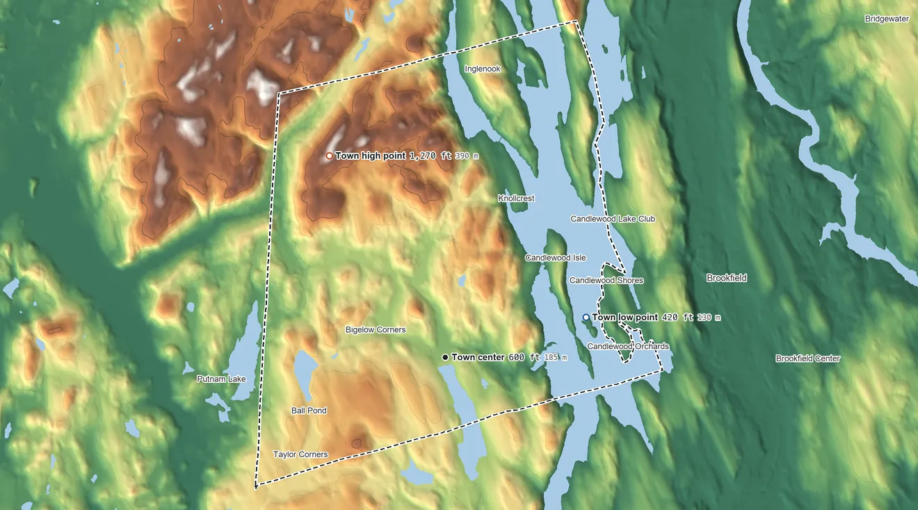 Topographic elevation map of New Fairfield, Connecticut, shaded from 420 ft on the east side to 1,270 ft on the northwest side