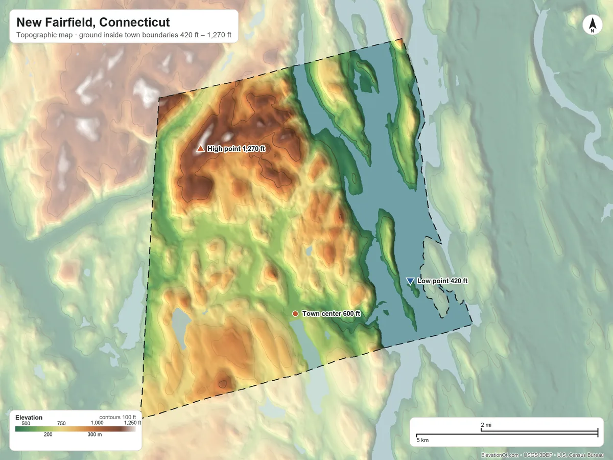 Topographic elevation map of New Fairfield, Connecticut, shaded from 420 ft on the east side to 1,270 ft on the northwest side