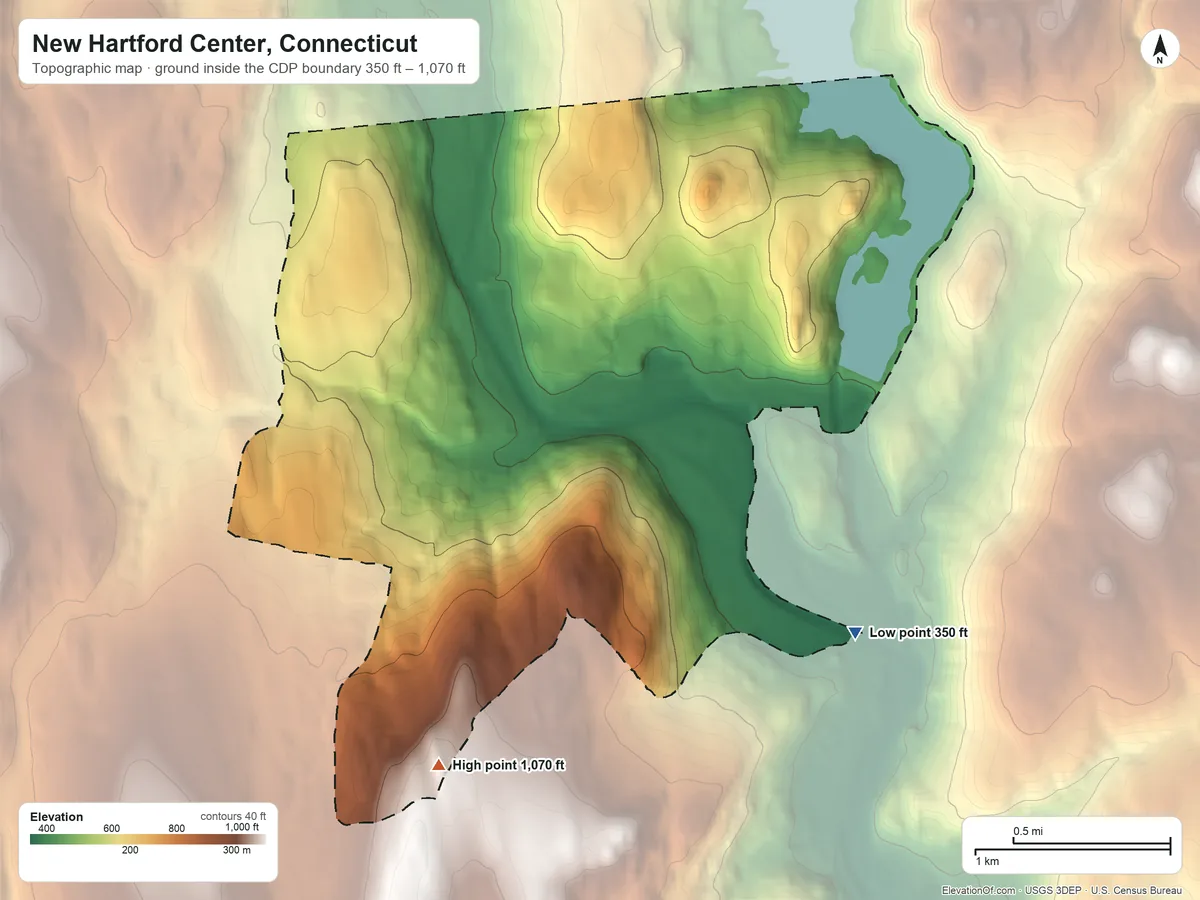 Topographic elevation map of New Hartford Center, Connecticut, shaded from 350 ft on the southeast side to 1,070 ft on the southwest side