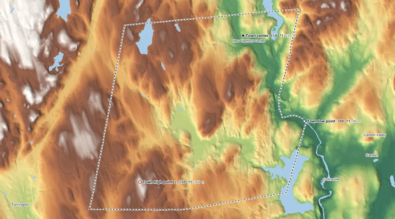 Topographic elevation map of New Hartford, Connecticut, shaded from 300 ft on the southeast side to 1,188 ft on Cotton Hill