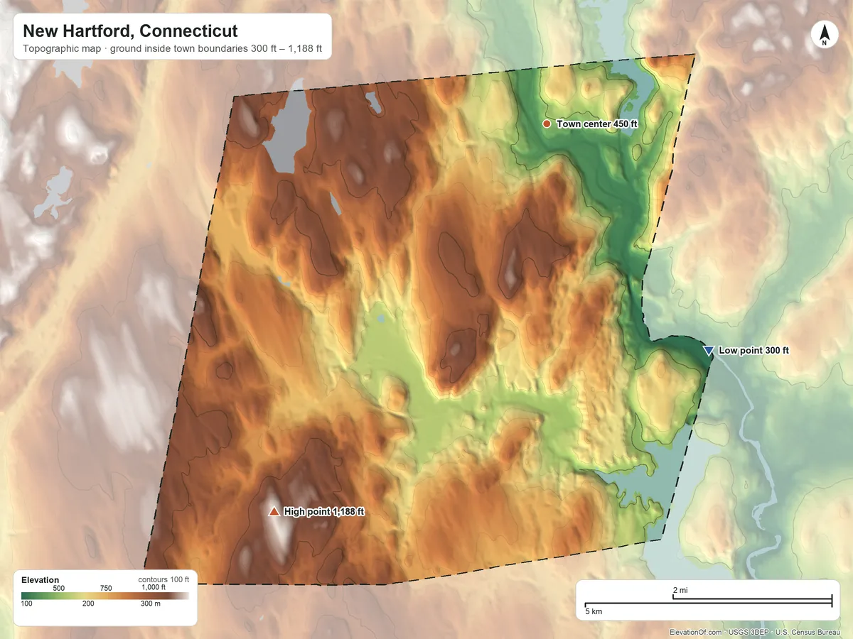 Topographic elevation map of New Hartford, Connecticut, shaded from 300 ft on the southeast side to 1,188 ft on Cotton Hill