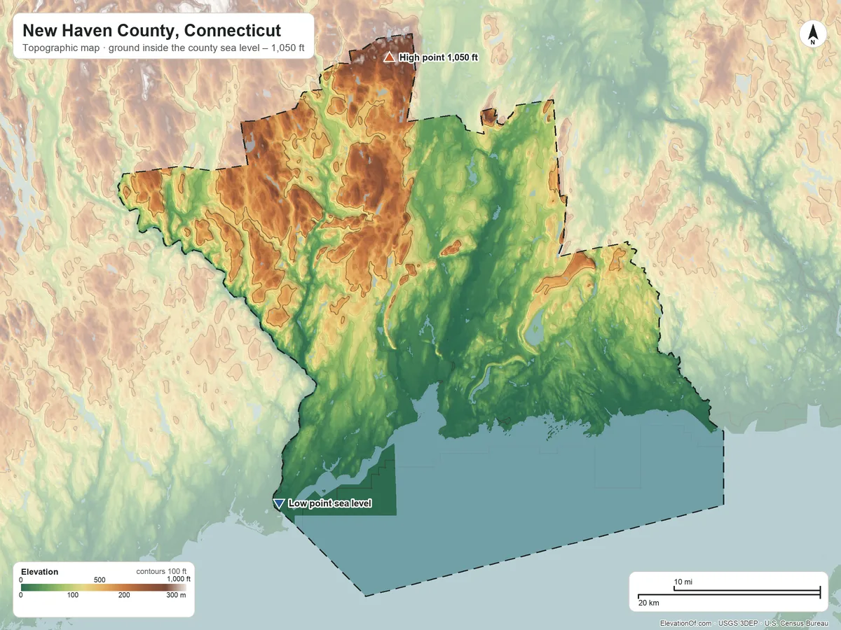 Topographic elevation map of New Haven County, Connecticut, shaded from sea level on the Holly Pond to 1,050 ft on Lindsley Hill