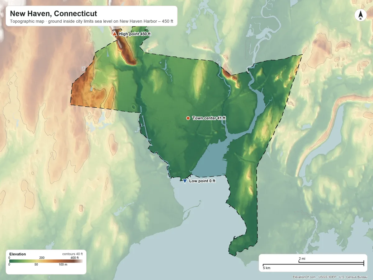 Topographic elevation map of New Haven, Connecticut, shaded from sea level level on New Haven Harbor to 450 ft on the northwest side