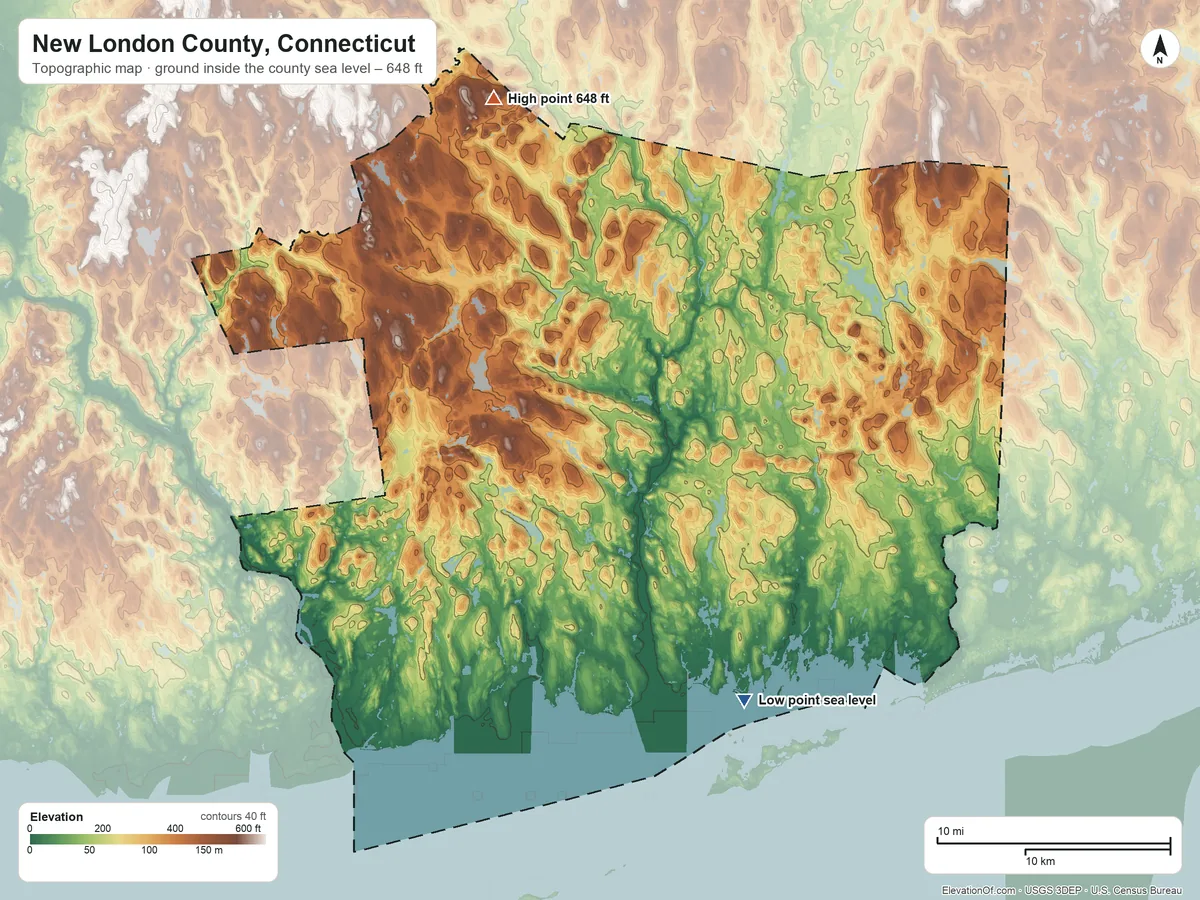 Topographic elevation map of New London County, Connecticut, shaded from sea level on Baker Cove to 648 ft on Gates Hill
