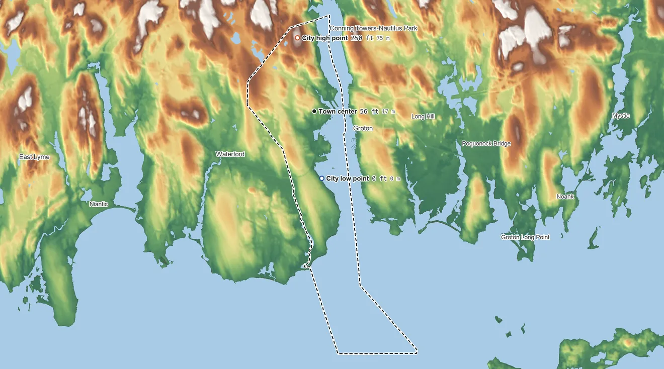 Topographic elevation map of New London, Connecticut, shaded from sea level level on Shaw Cove to 250 ft on the north side
