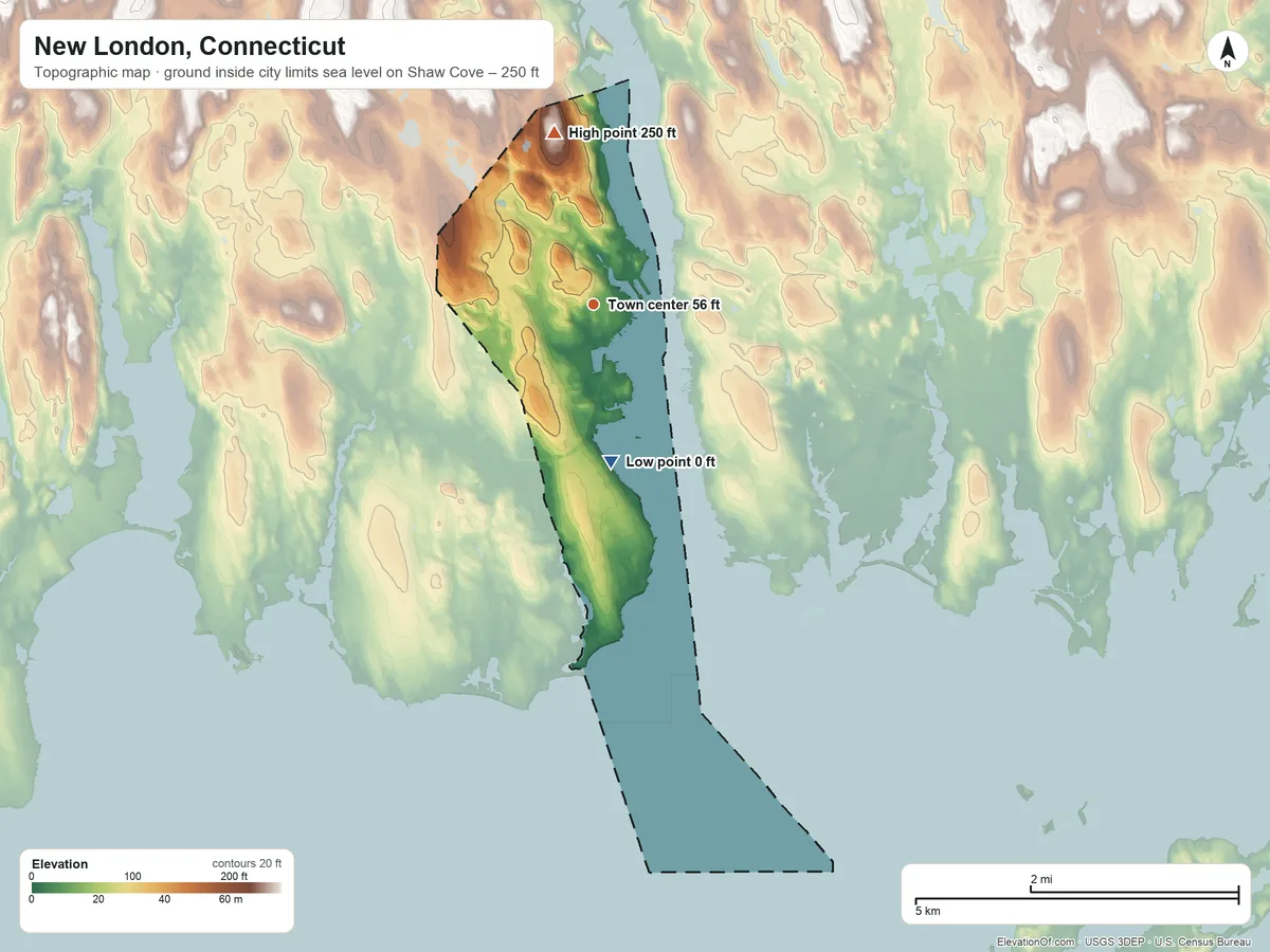 Topographic elevation map of New London, Connecticut, shaded from sea level level on Shaw Cove to 250 ft on the north side