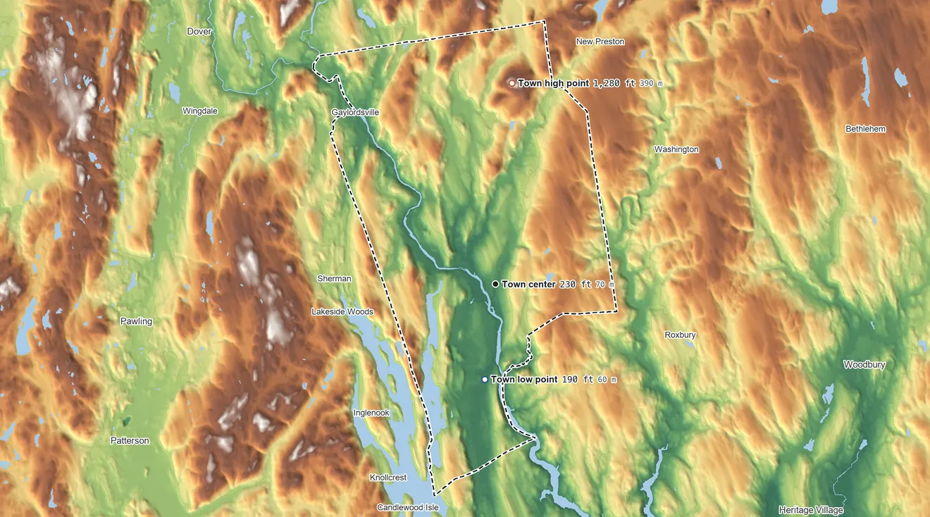 Topographic elevation map of New Milford, Connecticut, shaded from 190 ft on the south side to 1,280 ft on Bear Hill
