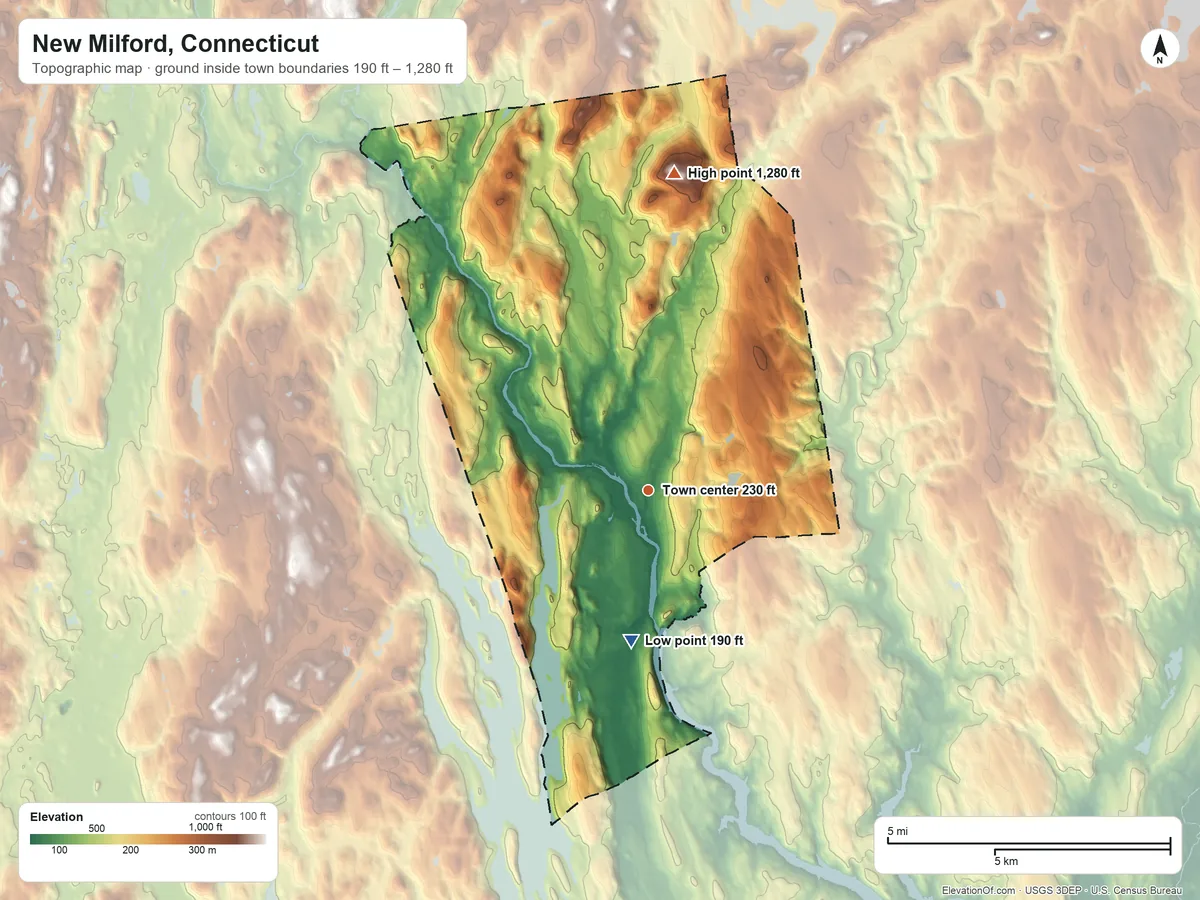 Topographic elevation map of New Milford, Connecticut, shaded from 190 ft on the south side to 1,280 ft on Bear Hill