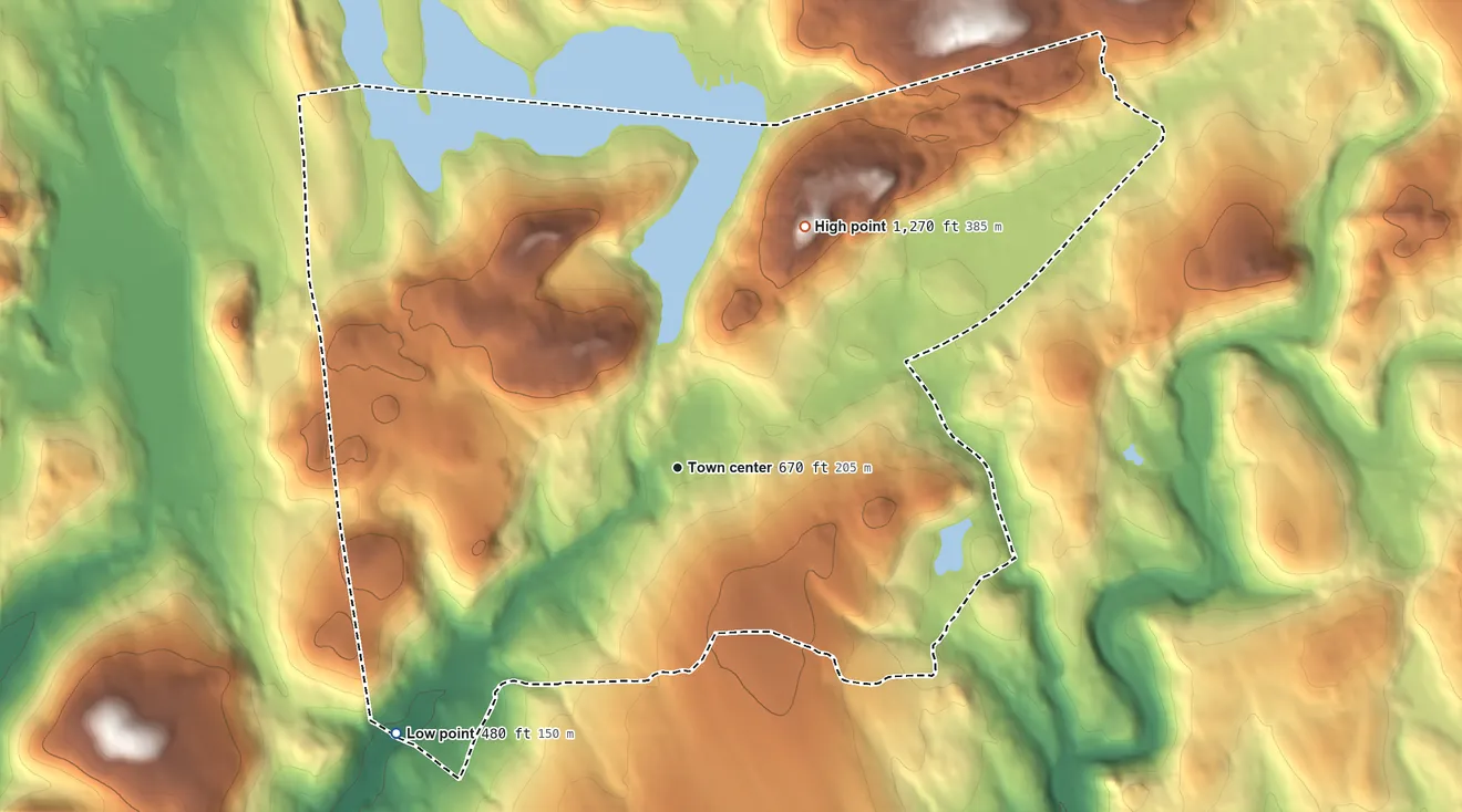 Topographic elevation map of New Preston, Connecticut, shaded from 480 ft on the southwest side to 1,270 ft on the northeast side