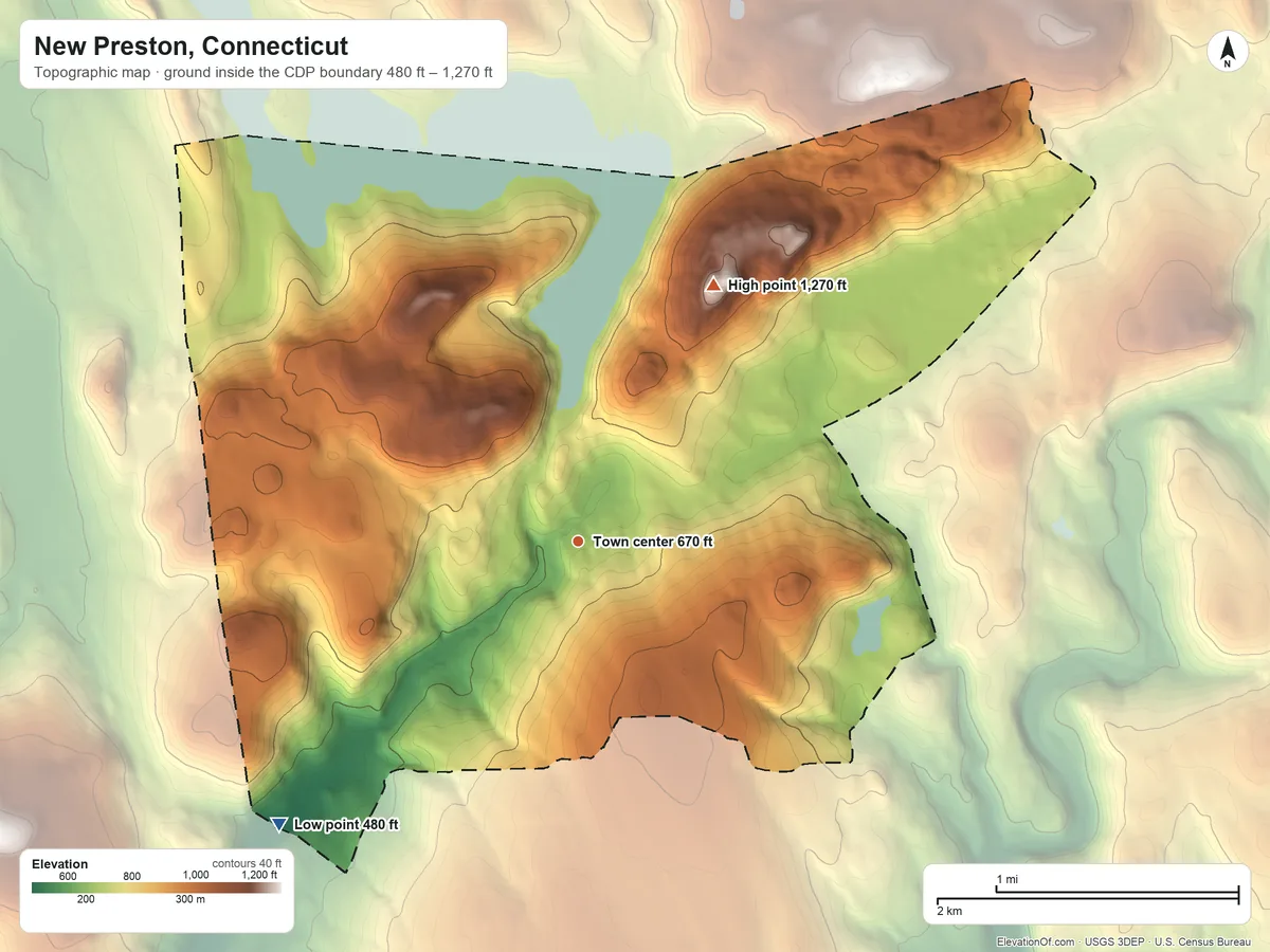 Topographic elevation map of New Preston, Connecticut, shaded from 480 ft on the southwest side to 1,270 ft on the northeast side