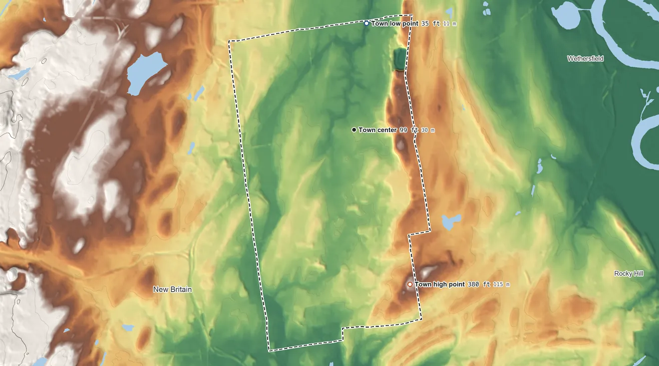 Topographic elevation map of Newington, Connecticut, shaded from 35 ft on the north side to 380 ft on the south side