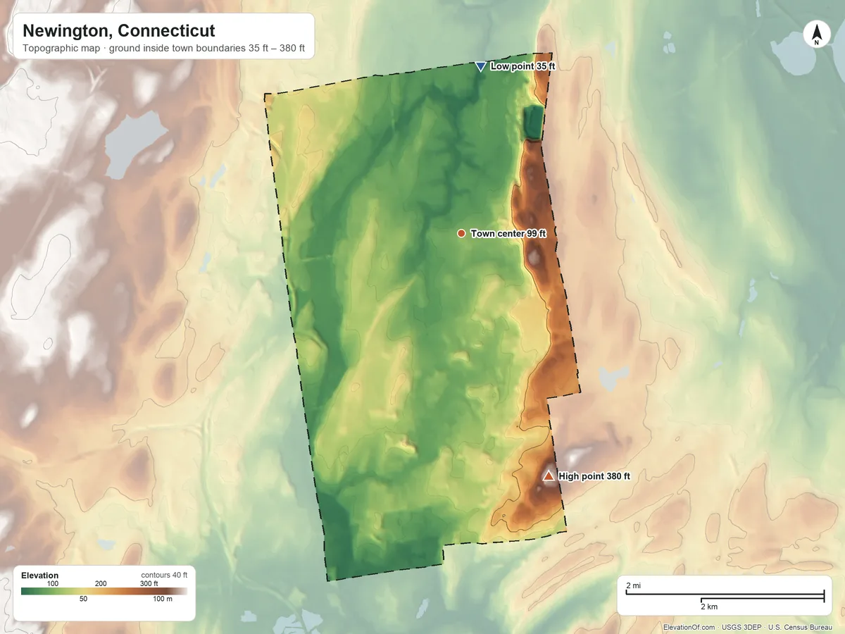 Topographic elevation map of Newington, Connecticut, shaded from 35 ft on the north side to 380 ft on the south side
