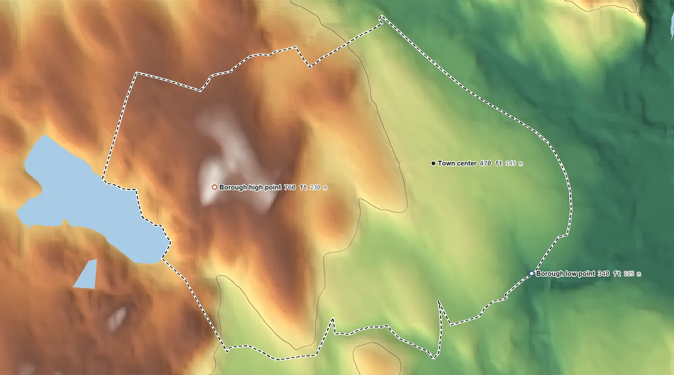 Topographic elevation map of Borough of Newtown, Connecticut, shaded from 340 ft on the southeast side to 762 ft on Mount Pleasant