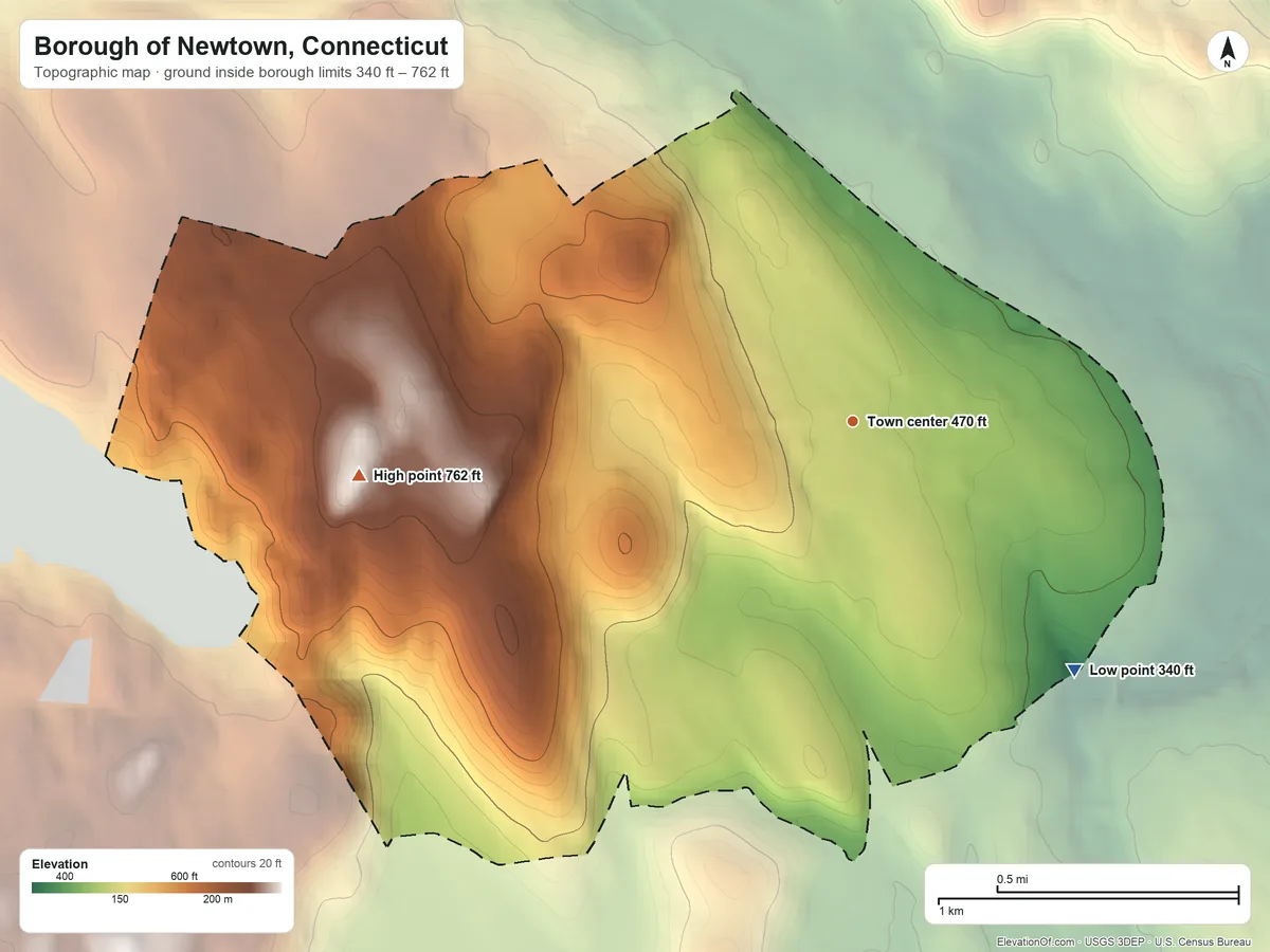 Topographic elevation map of Borough of Newtown, Connecticut, shaded from 340 ft on the southeast side to 762 ft on Mount Pleasant