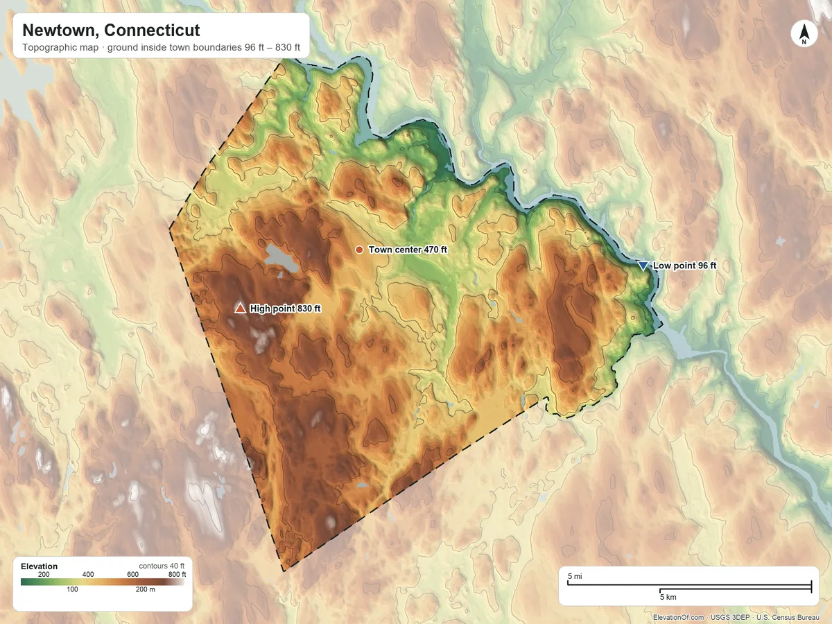 Topographic elevation map of Newtown, Connecticut, shaded from 96 ft on the east side to 830 ft on Taunton Hill