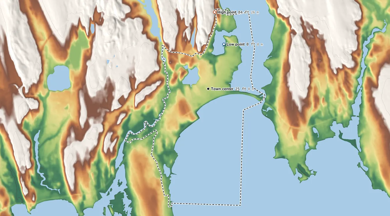 Topographic elevation map of Niantic, Connecticut, shaded from sea level level on Smith Cove to 84 ft on the north side