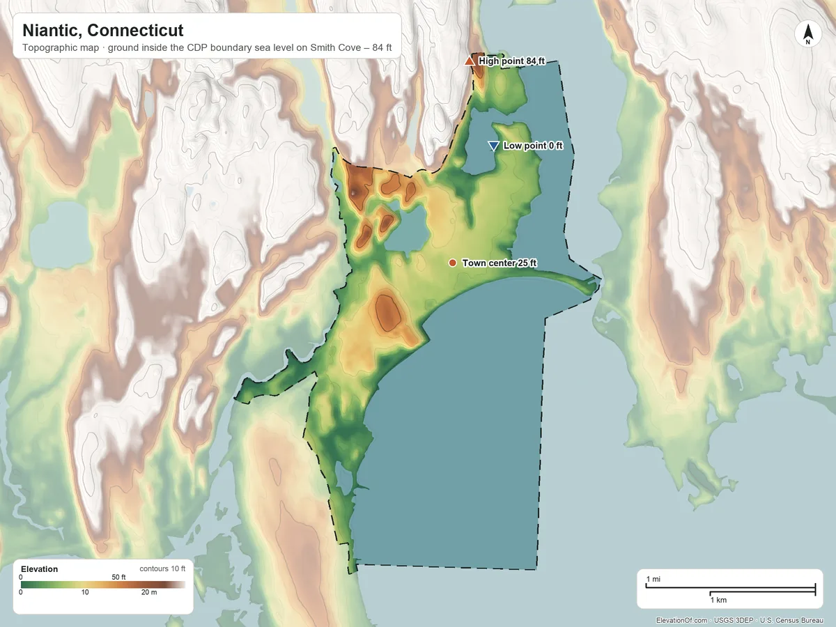 Topographic elevation map of Niantic, Connecticut, shaded from sea level level on Smith Cove to 84 ft on the north side
