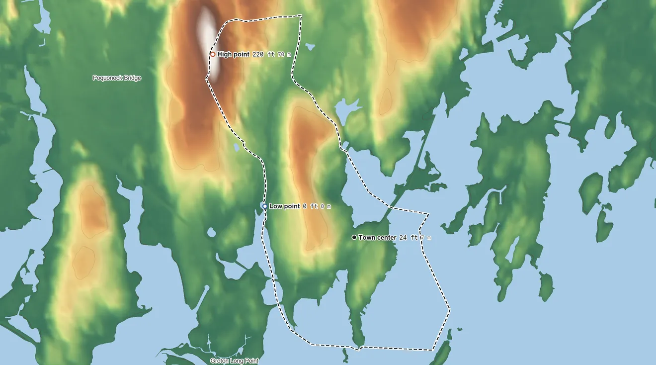 Topographic elevation map of Noank, Connecticut, shaded from sea level level on Palmer Cove to 222 ft on Fort Hill