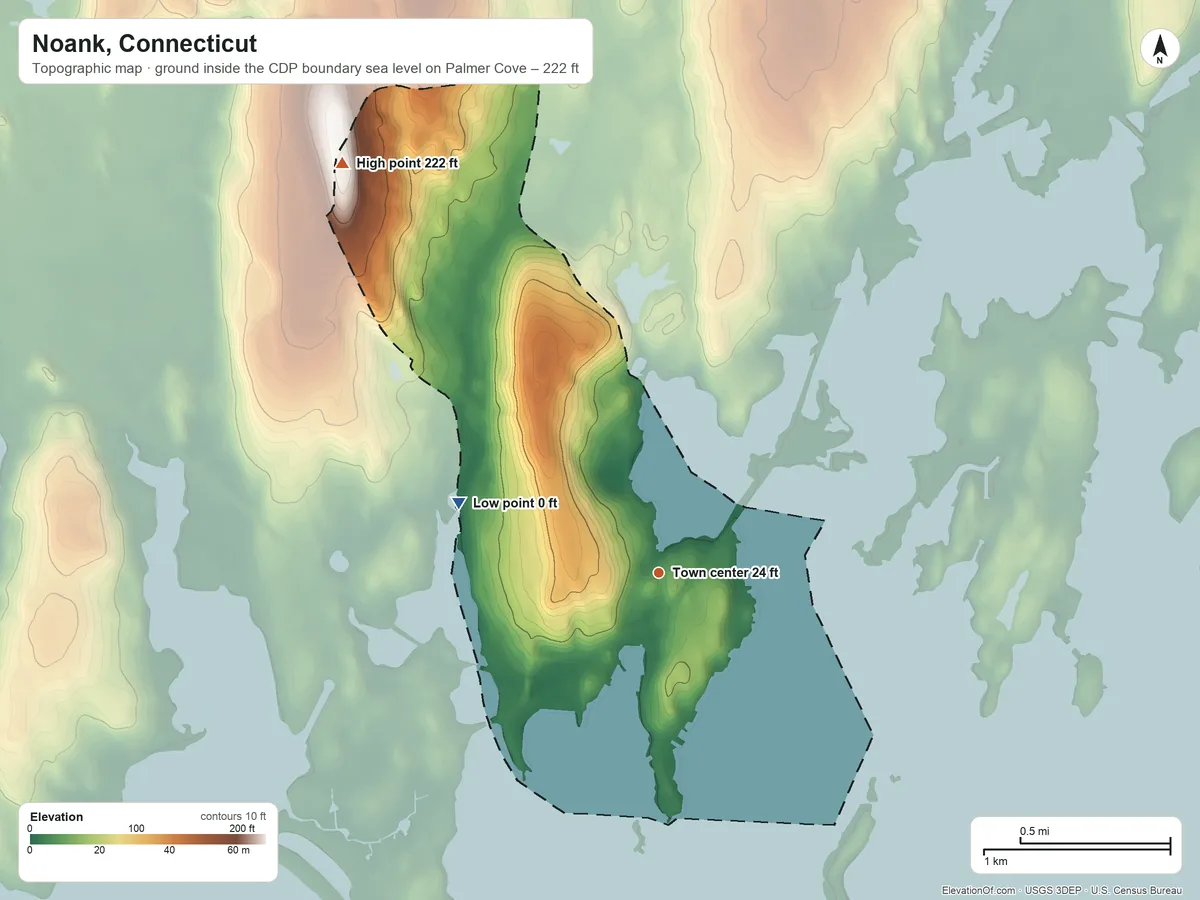 Topographic elevation map of Noank, Connecticut, shaded from sea level level on Palmer Cove to 222 ft on Fort Hill