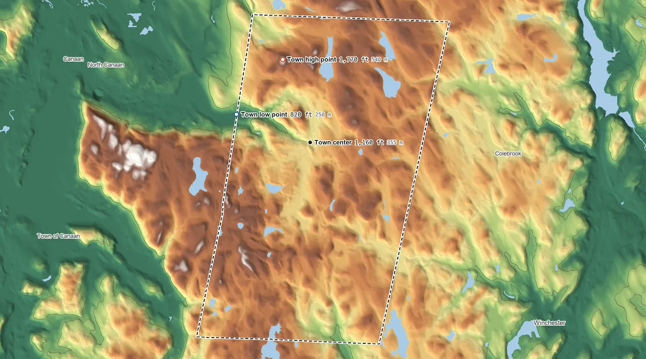 Topographic elevation map of Norfolk, Connecticut, shaded from 820 ft on the west side to 1,770 ft on Bald Mountain