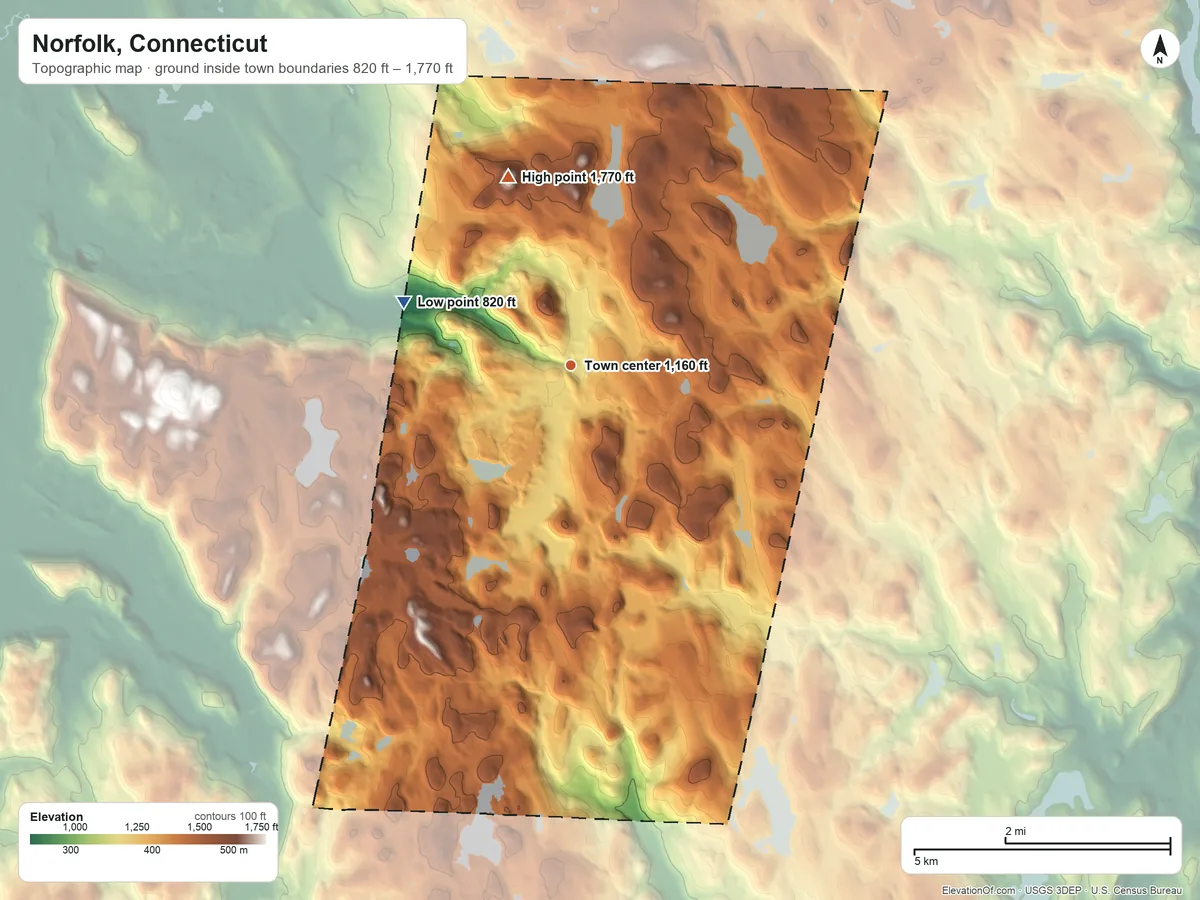 Topographic elevation map of Norfolk, Connecticut, shaded from 820 ft on the west side to 1,770 ft on Bald Mountain