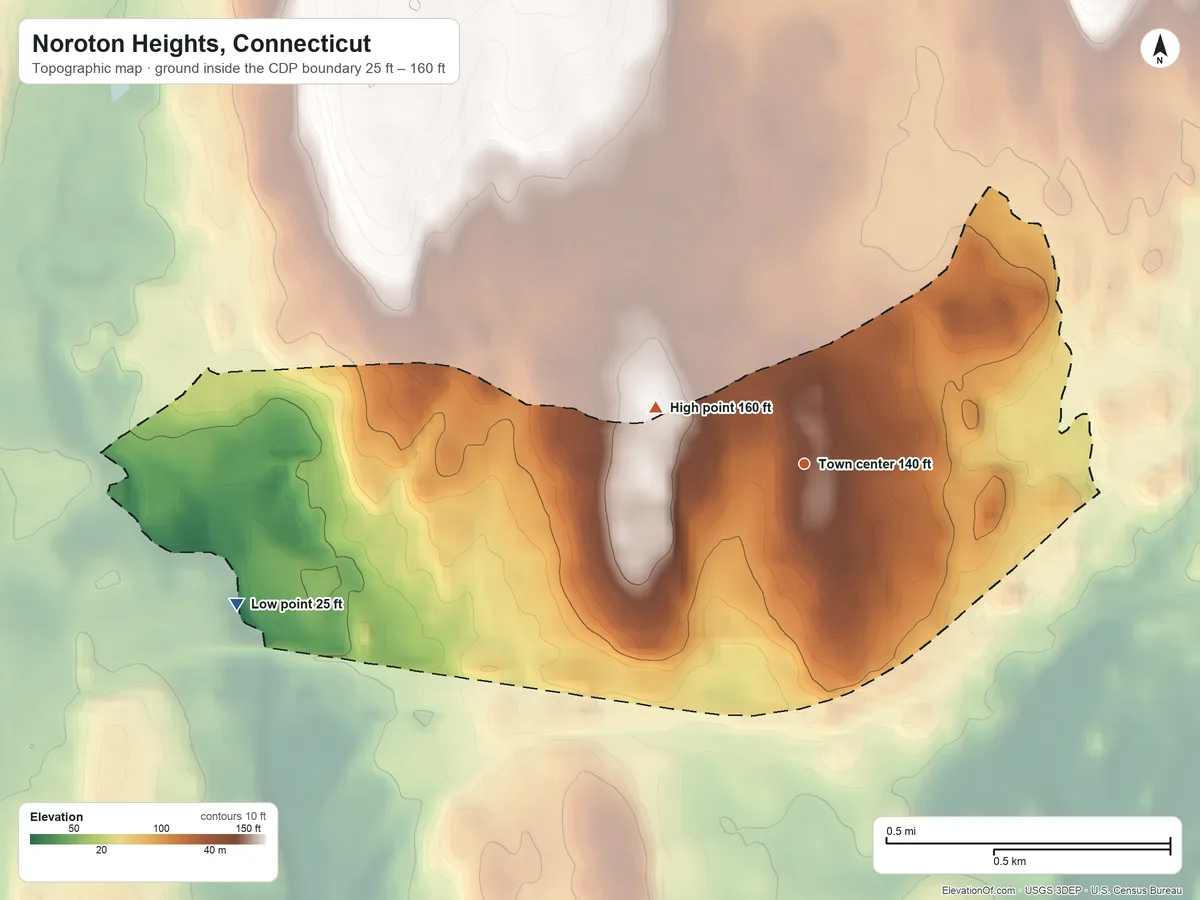 Topographic elevation map of Noroton Heights, Connecticut, shaded from 25 ft on the west side to 160 ft on the west side
