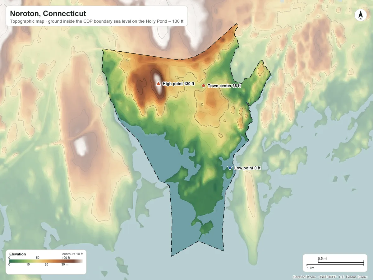 Topographic elevation map of Noroton, Connecticut, shaded from sea level level on the Holly Pond to 130 ft on the west side