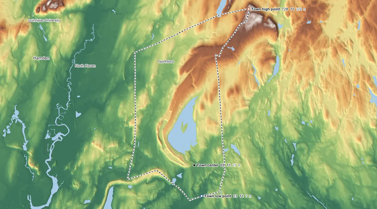 Topographic elevation map of North Branford, Connecticut, shaded from 23 ft on the south side to 720 ft on the north side