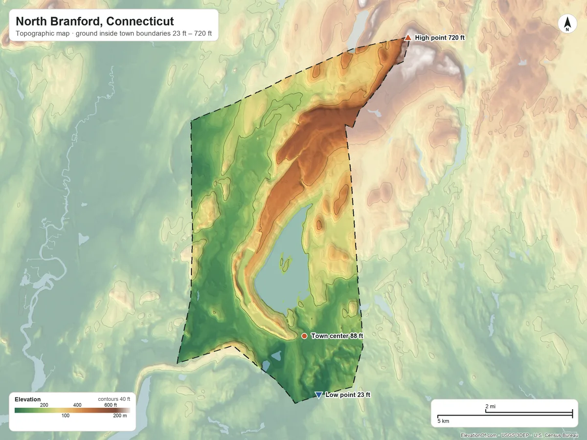 Topographic elevation map of North Branford, Connecticut, shaded from 23 ft on the south side to 720 ft on the north side