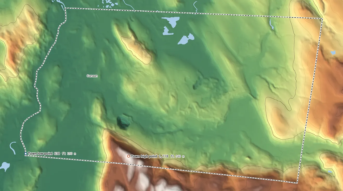 Topographic elevation map of North Canaan, Connecticut, shaded from 630 ft on the southwest side to 1,770 ft on the south side
