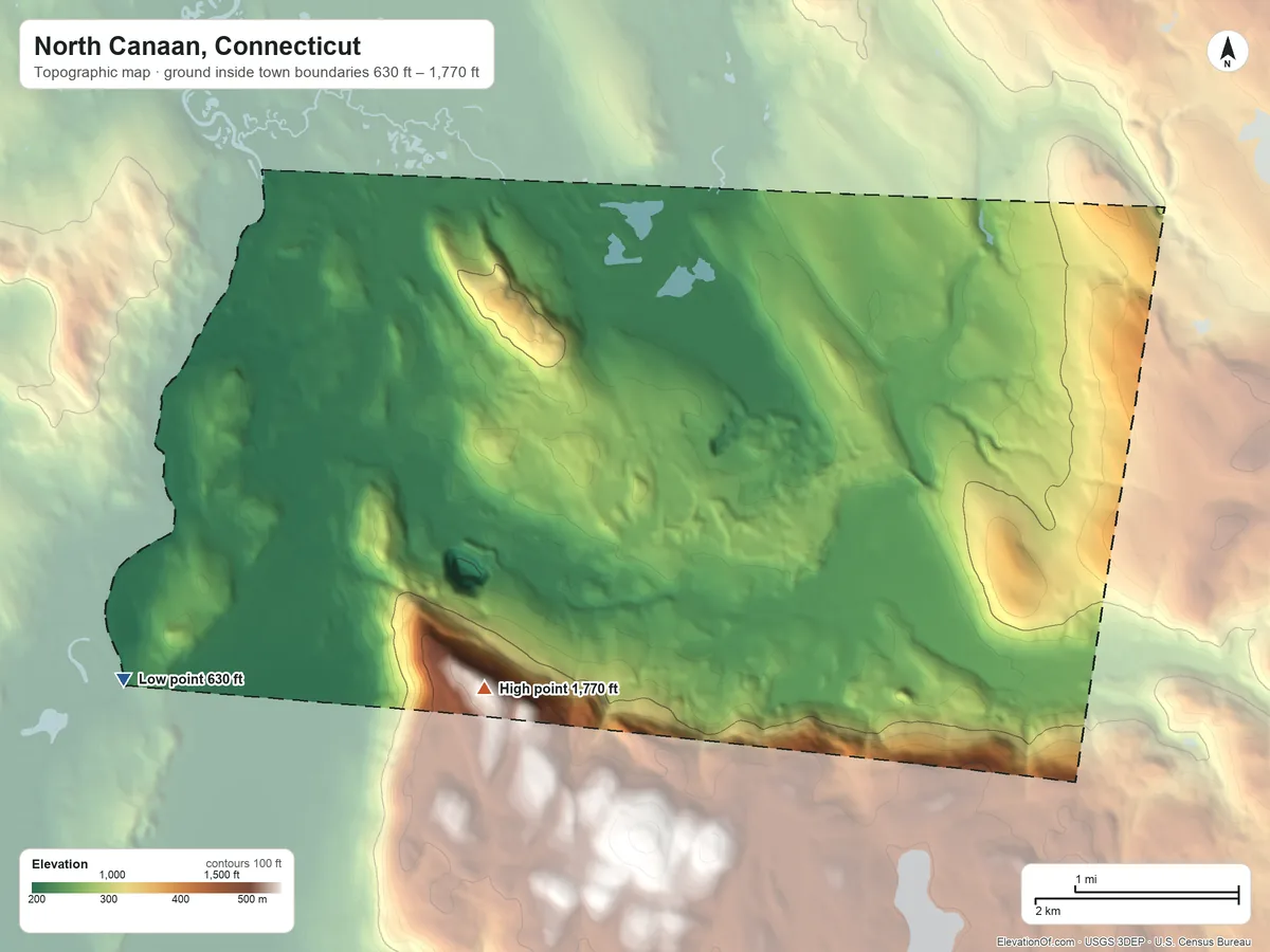Topographic elevation map of North Canaan, Connecticut, shaded from 630 ft on the southwest side to 1,770 ft on the south side