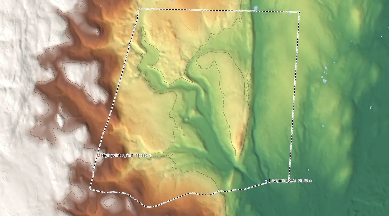 Topographic elevation map of North Granby, Connecticut, shaded from 270 ft on the southeast side to 1,040 ft on the southwest side