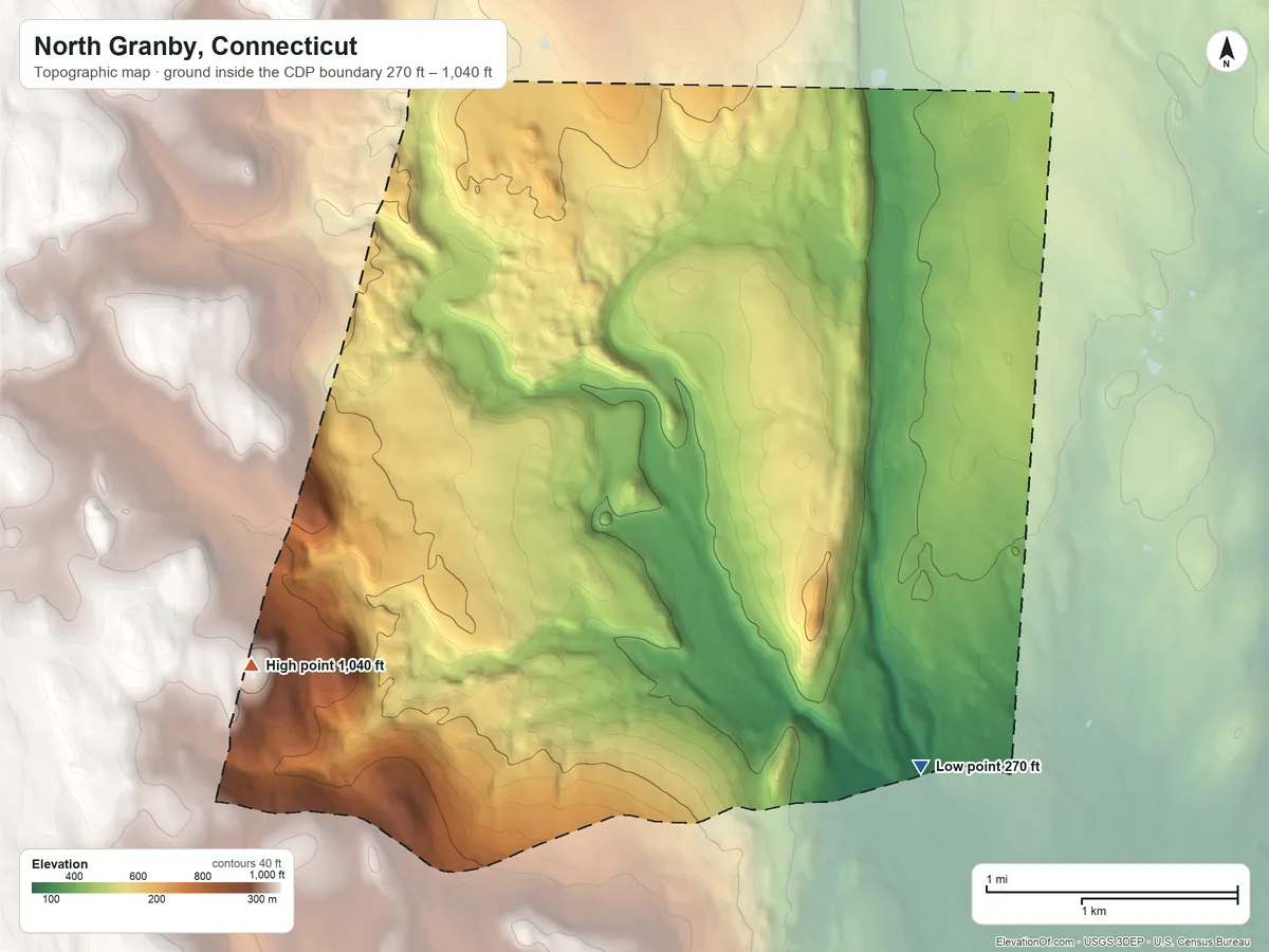 Topographic elevation map of North Granby, Connecticut, shaded from 270 ft on the southeast side to 1,040 ft on the southwest side