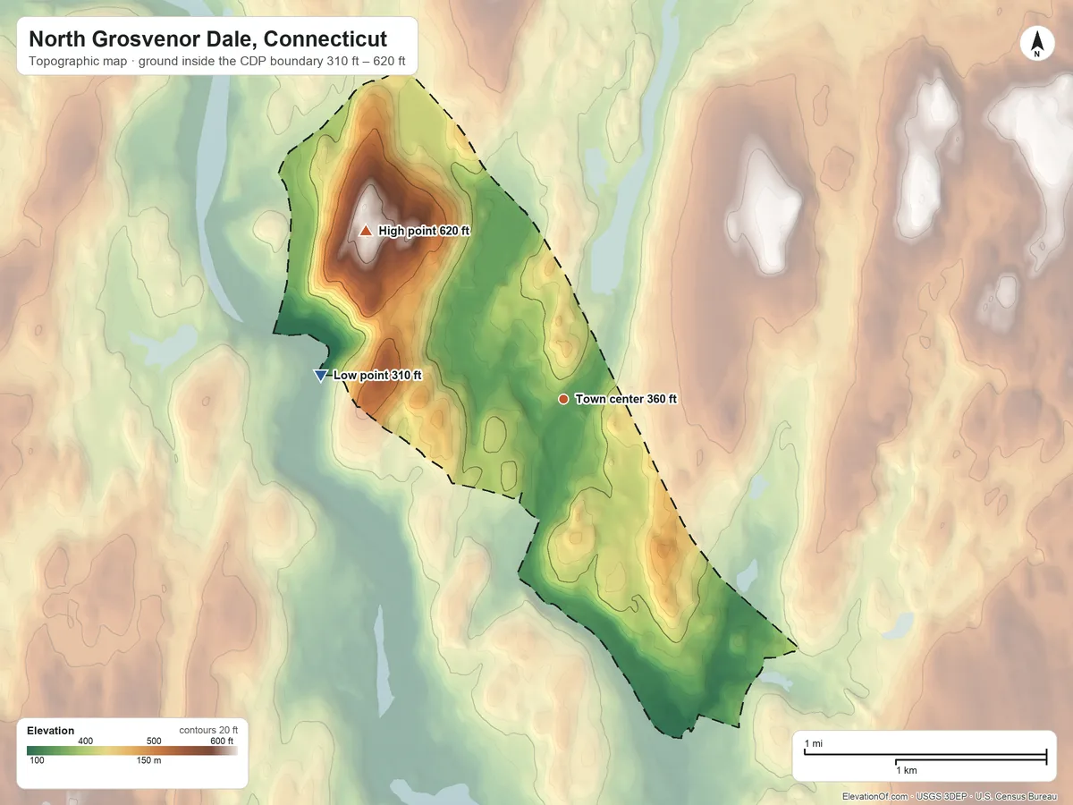 Topographic elevation map of North Grosvenor Dale, Connecticut, shaded from 310 ft on the west side to 620 ft on Buck Mountain