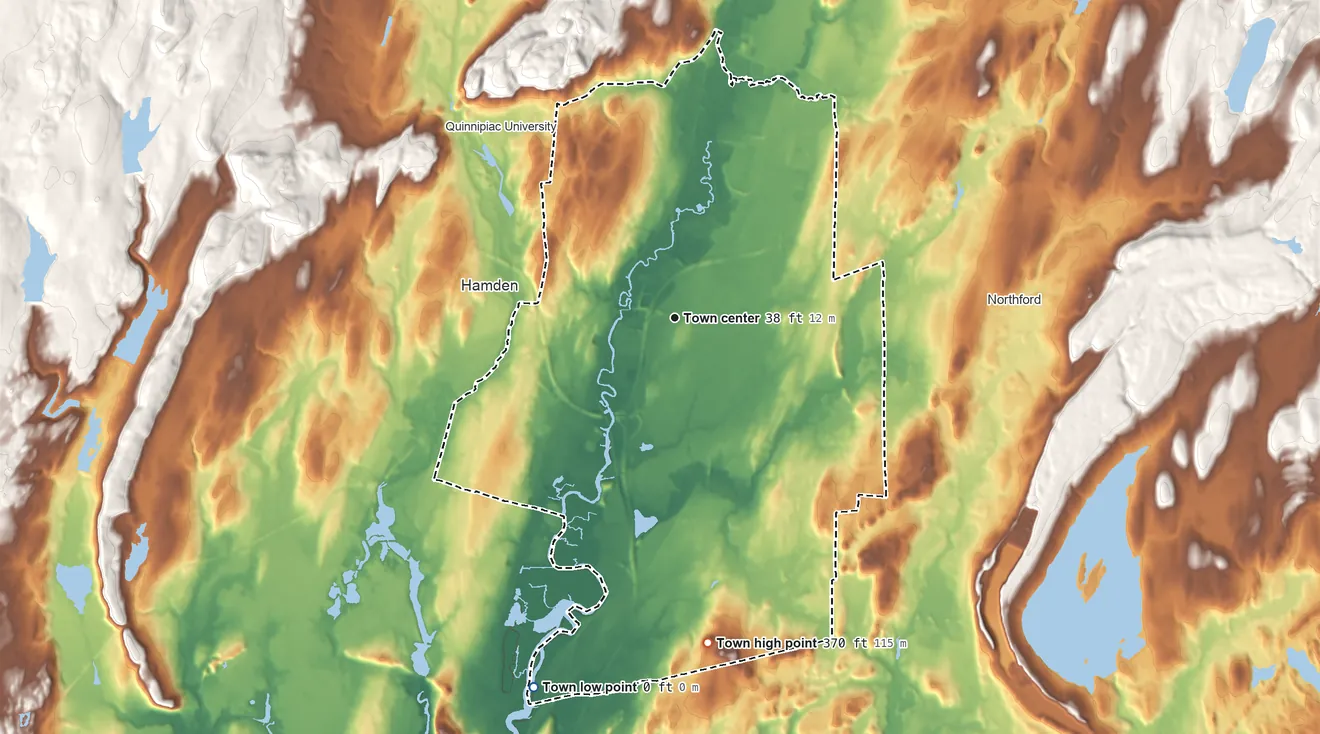 Topographic elevation map of North Haven, Connecticut, shaded from 0 ft on the south side to 372 ft on Rabbit Rock