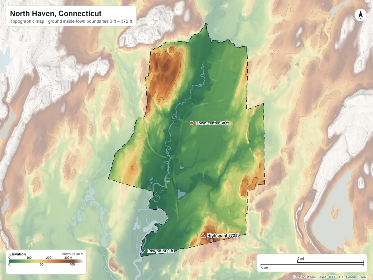 Topographic elevation map of North Haven, Connecticut, shaded from 0 ft on the south side to 372 ft on Rabbit Rock