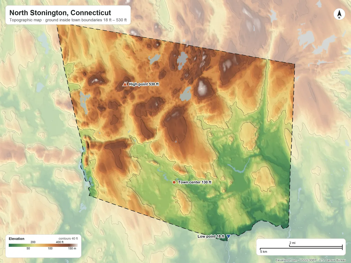 Topographic elevation map of North Stonington, Connecticut, shaded from 18 ft on the southeast side to 530 ft on Barns Hill