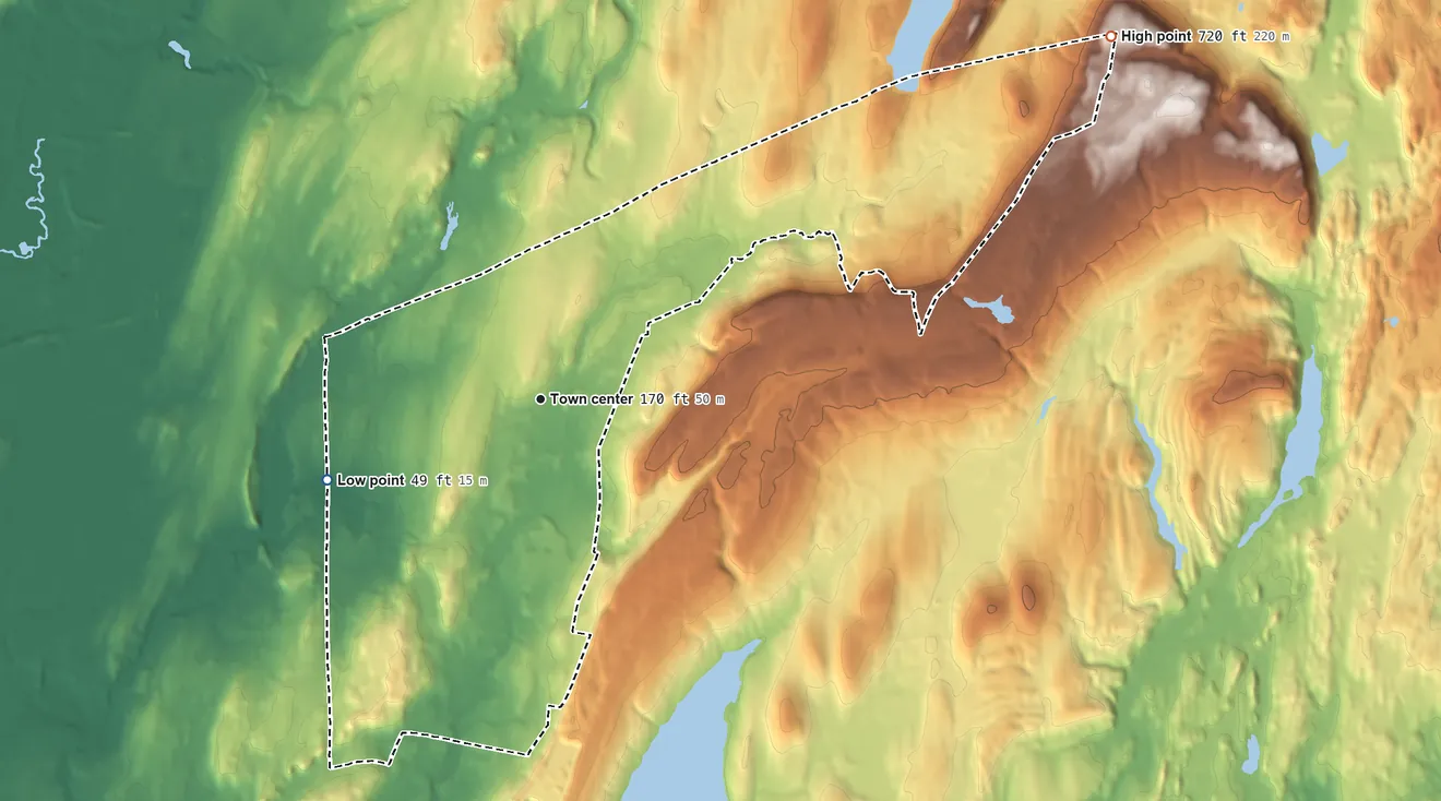 Topographic elevation map of Northford, Connecticut, shaded from 49 ft on the west side to 720 ft on the northeast side