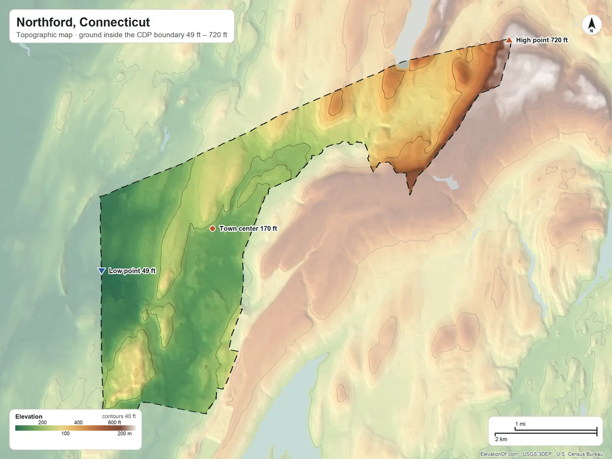 Topographic elevation map of Northford, Connecticut, shaded from 49 ft on the west side to 720 ft on the northeast side
