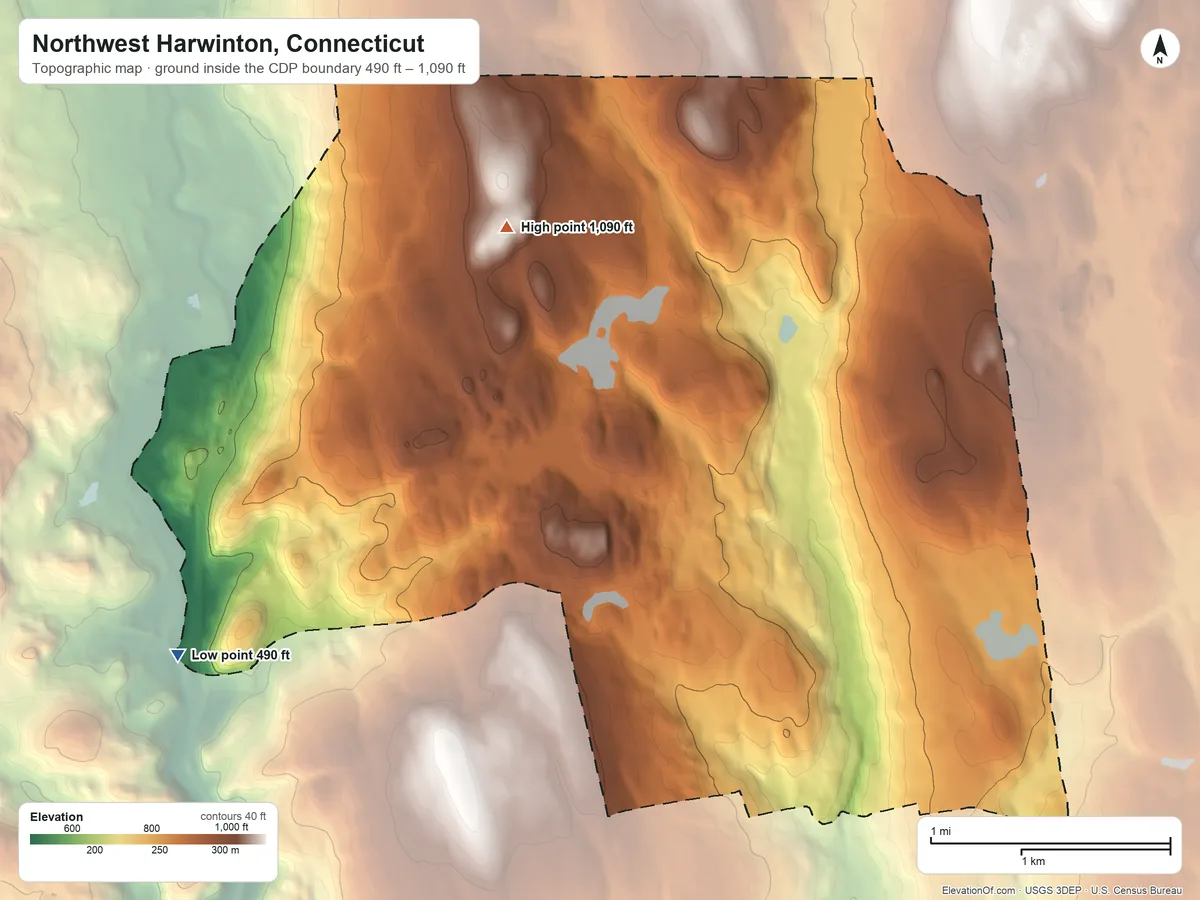 Topographic elevation map of Northwest Harwinton, Connecticut, shaded from 490 ft on the southwest side to 1,090 ft on the northwest side