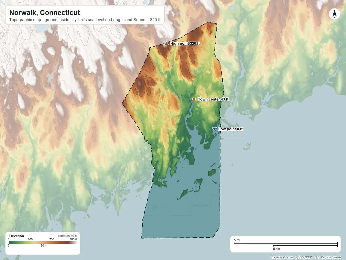 Topographic elevation map of Norwalk, Connecticut, shaded from sea level level on Long Island Sound to 320 ft on the northwest side