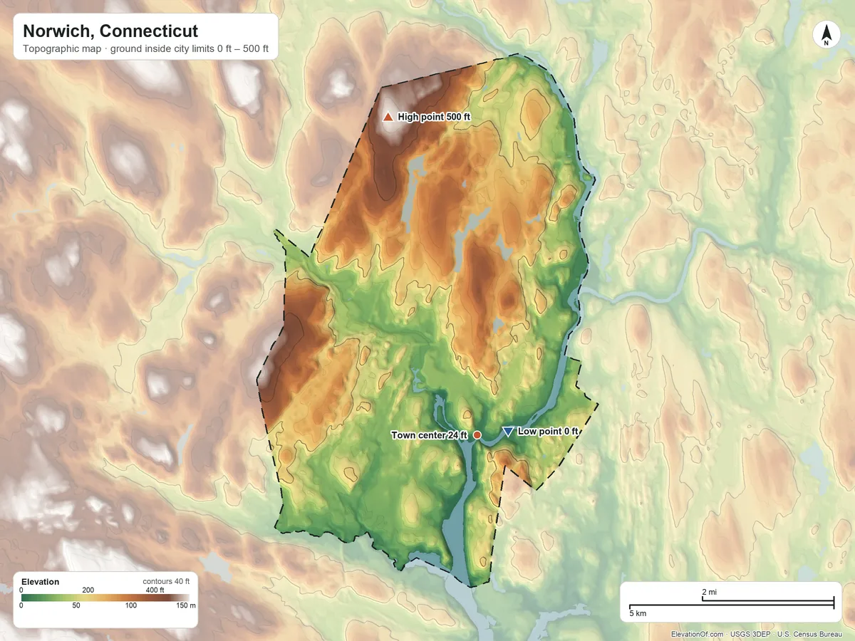 Topographic elevation map of Norwich, Connecticut, shaded from 0 ft near the middle to 500 ft on the north side