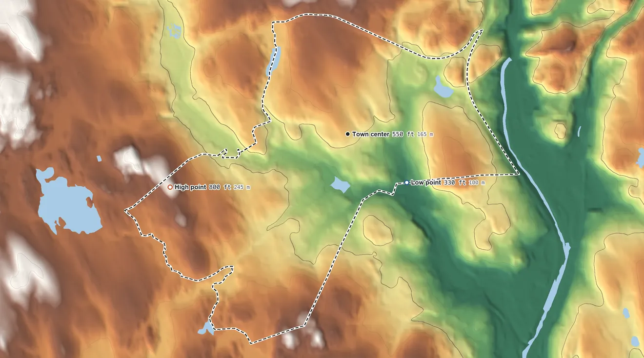 Topographic elevation map of Oakville, Connecticut, shaded from 330 ft on the southeast side to 800 ft on the west side