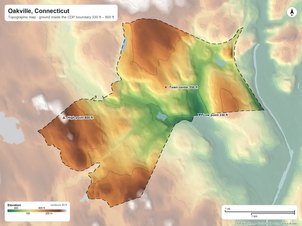 Topographic elevation map of Oakville, Connecticut, shaded from 330 ft on the southeast side to 800 ft on the west side