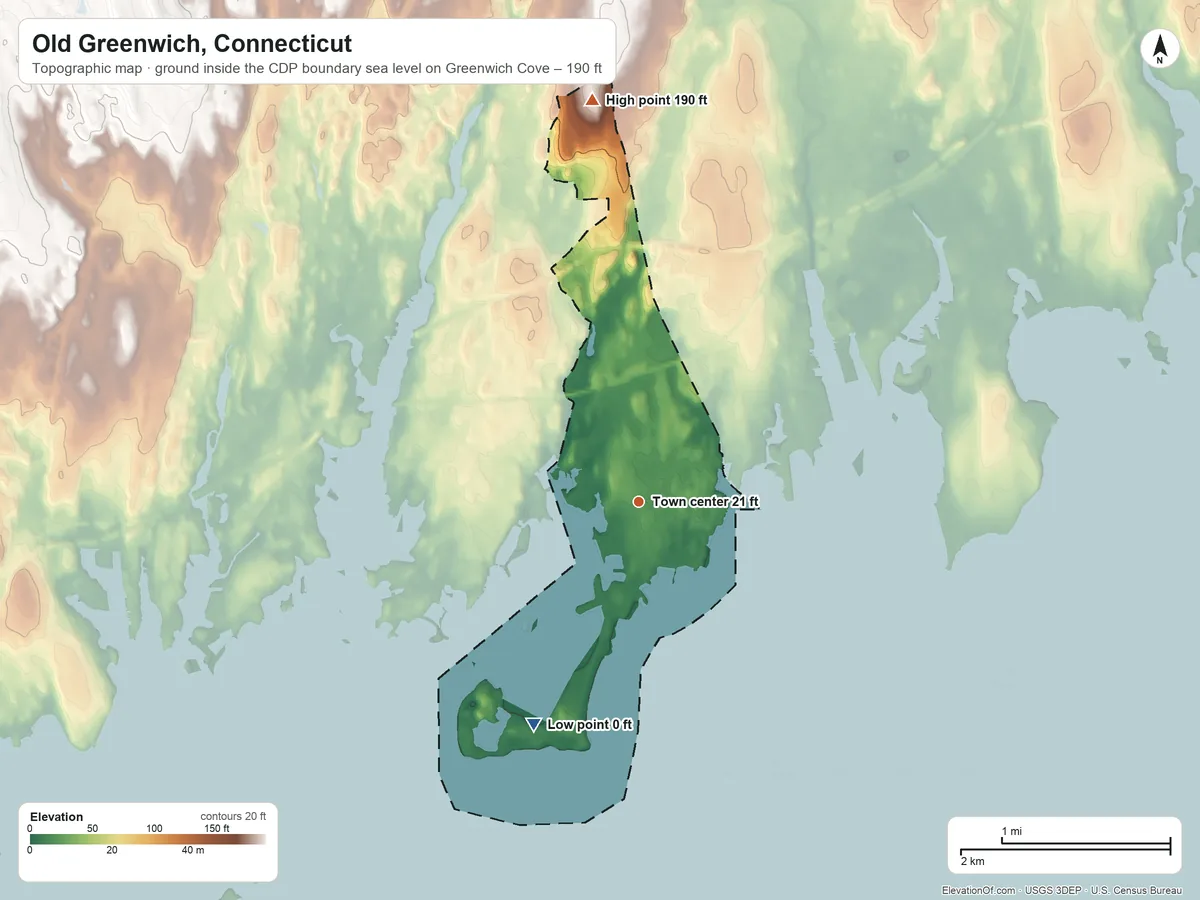 Topographic elevation map of Old Greenwich, Connecticut, shaded from sea level level on Greenwich Cove to 190 ft on the north side