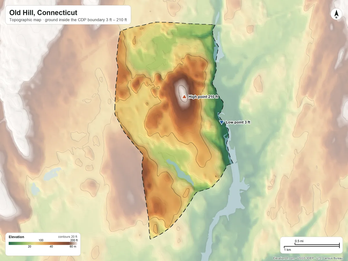 Topographic elevation map of Old Hill, Connecticut, shaded from 3 ft on the northeast side to 210 ft on the north side