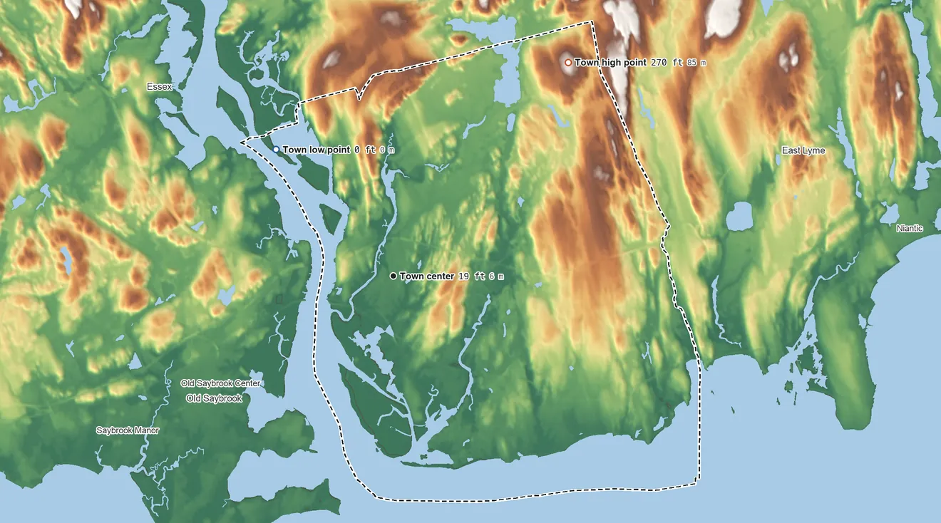 Topographic elevation map of Old Lyme, Connecticut, shaded from sea level level on Hamburg Cove to 270 ft on the northeast side