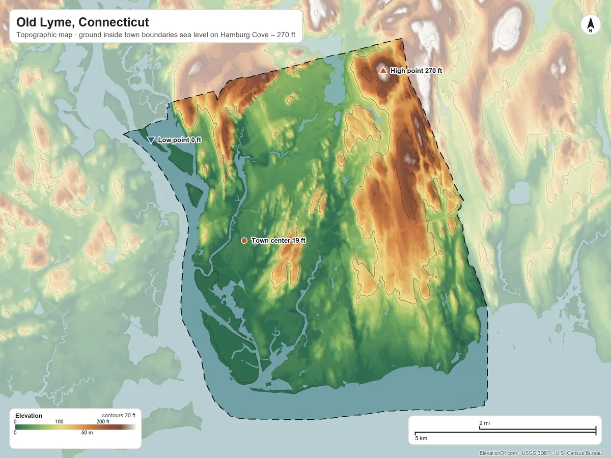 Topographic elevation map of Old Lyme, Connecticut, shaded from sea level level on Hamburg Cove to 270 ft on the northeast side