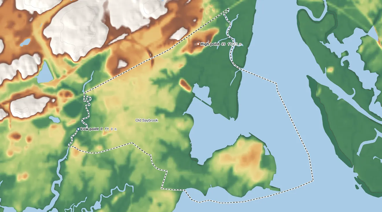 Topographic elevation map of Old Saybrook Center, Connecticut, shaded from 0 ft on the west side to 49 ft on the northeast side